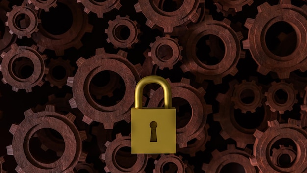 Photo the master key lock and gears for security concept 3d rendering