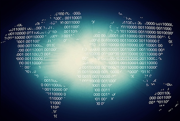 Photo matrix coding and numbers for data with earth map for futuristic technology with dark background software neon and text for programming cyber or information highway for global connectivity on web