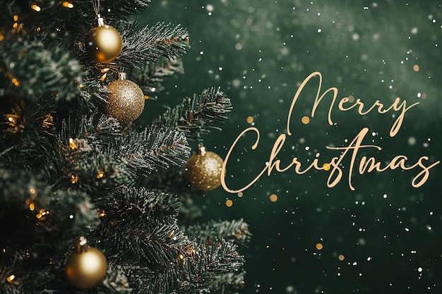 Photo merry christmas gold text with christmas evergreen branches green background