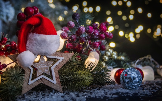 Photo merry christmas and happy new year, holidays greeting card with blurred bokeh background