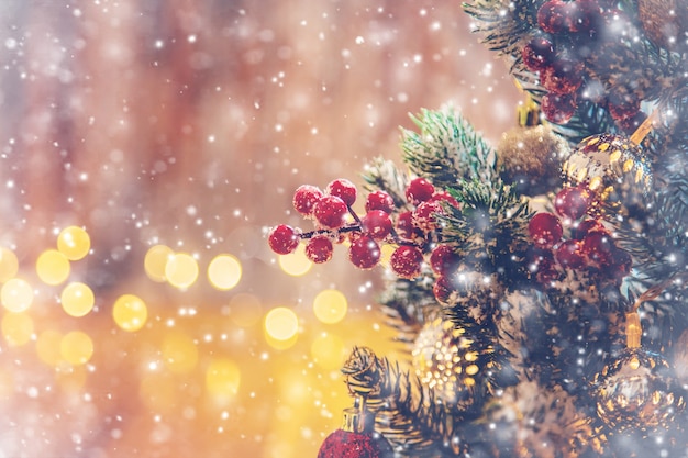 Photo merry christmas holidays greeting card background. selective focus. nature.