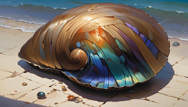 Photo a metallic seashell on a sandy shore
