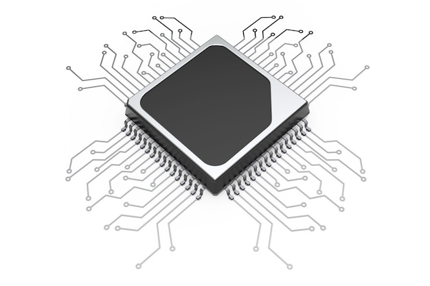 Photo microchip cpu processor with circuit on a white background. 3d rendering