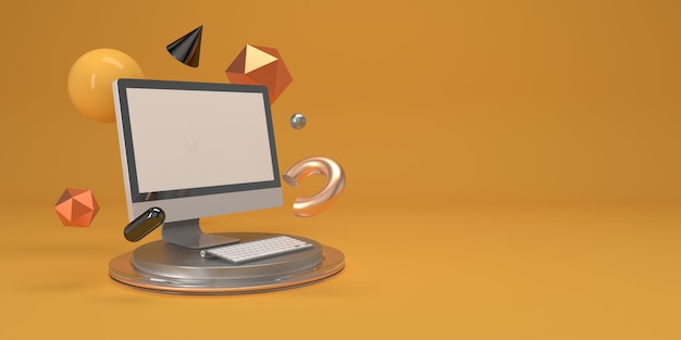 Photo minimal  composition with computer and geometry figures 