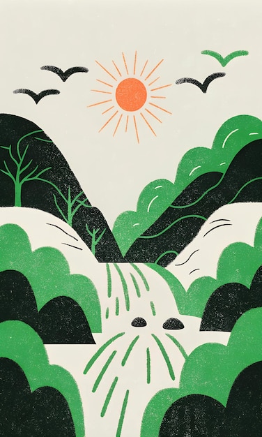 Photo minimalist landscape with sunlit hills and birds in flight