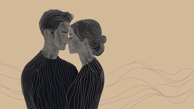Photo minimalist line art couple embracing in a serene abstract landscape