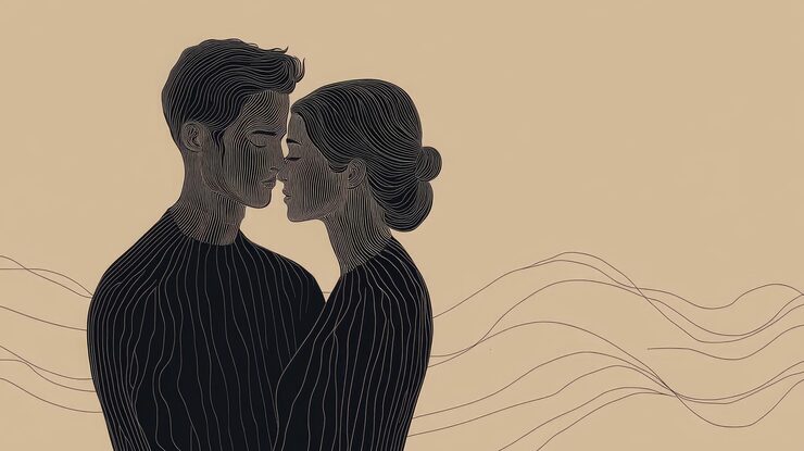 Photo minimalist line art couple embracing in a serene abstract landscape