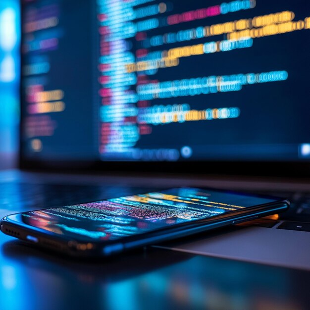 Photo mobile developer software code on smartphone with computer screen in background