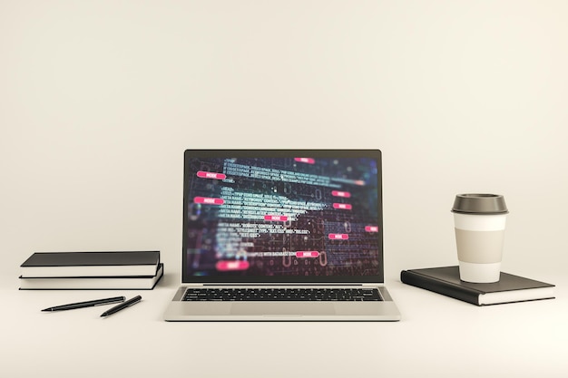 Photo modern computer display with abstract programming language hologram artificial intelligence and machine learning concept 3d rendering