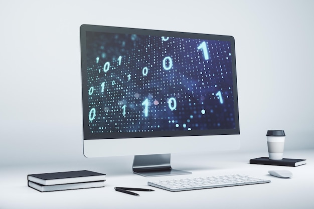 Photo modern computer monitor with creative abstract binary code hologram database and programming concept 3d rendering