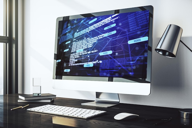 Photo modern computer screen with abstract graphic coding sketch big data and networking concept 3d rendering