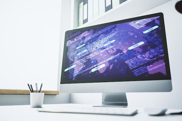 Photo modern computer screen with abstract graphic coding sketch and world map big data and networking concept 3d rendering