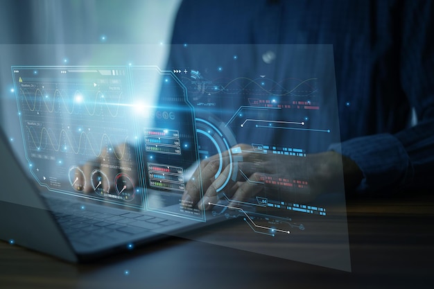 Photo modern data scientist working on artificial intelligence interface with realtime coding algorithm optimization and datadriven decision making