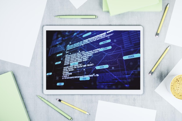 Photo modern digital tablet screen with abstract graphic coding sketch big data and networking concept top view 3d rendering