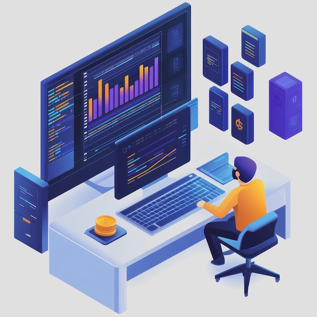 Photo modern digital workspace with data visualization programmer analyzing charts coding on multiple screens innovative technology environment