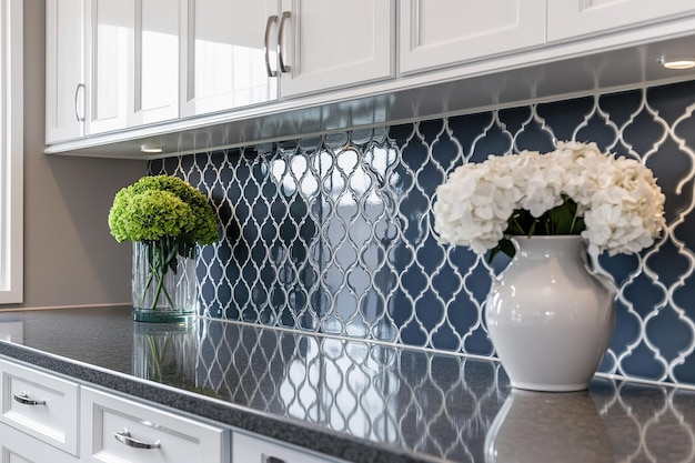 Photo modern kitchen with bold patterned backsplash and floral decor