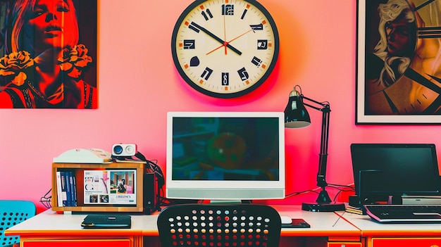 Photo modern office workspace with clock and artwork