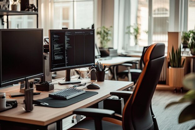 Photo modern office workspace with computers and plants