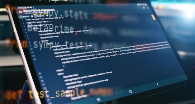 Photo modern tech php syntax highlighted writing programming functions on laptop big data and internet of things trend