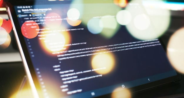 Photo modern tech php syntax highlighted writing programming functions on laptop big data and internet of things trend