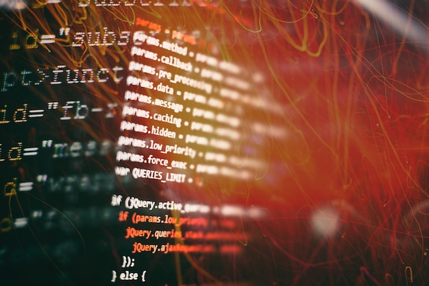 Photo monitor closeup of function source code.writing programming functions on laptop. big data and internet of things trend.