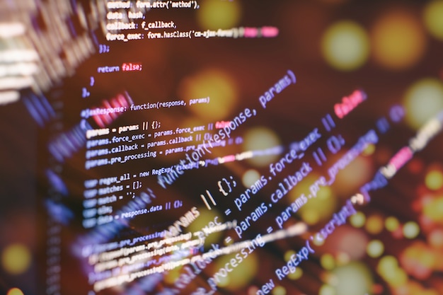 Photo monitor closeup of function source code.writing programming functions on laptop. big data and internet of things trend.