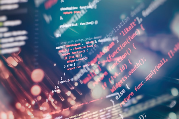 Photo monitor closeup of function source code.writing programming functions on laptop. big data and internet of things trend.