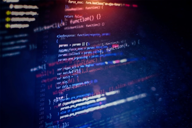 Photo monitor closeup of function source code.writing programming functions on laptop. big data and internet of things trend.