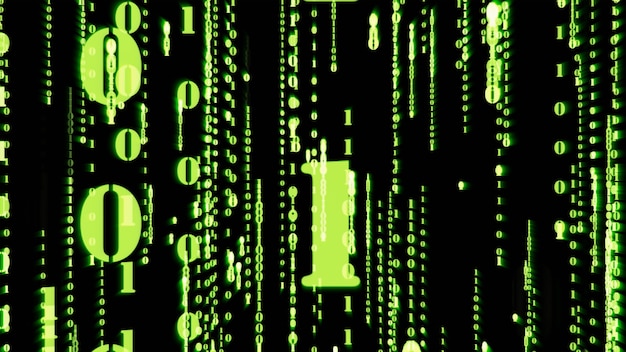 Photo motion graphic of random green particle binary digit number falling down with matrix effec