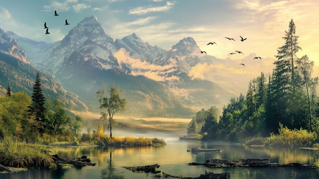 Photo mountain view in river birds and animal in morning 8k wallpaper