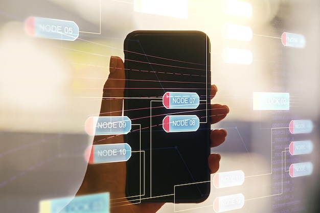 Photo multi exposure of abstract creative coding sketch and hand with phone on background artificial intelligence and neural networks concept