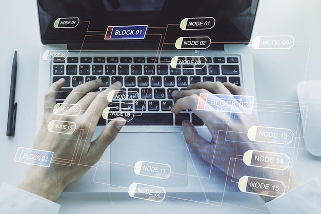 Photo multi exposure of abstract creative coding sketch and hands typing on computer keyboard on background artificial intelligence and neural networks concept