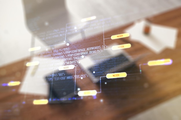 Photo multi exposure of abstract creative coding sketch and modern desktop with computer on background artificial intelligence and neural networks concept