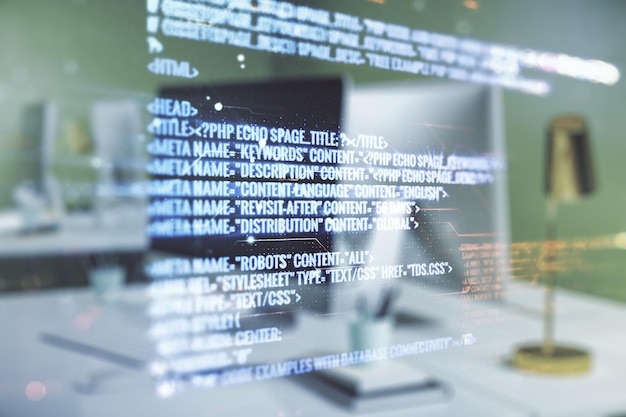 Photo multi exposure of abstract creative coding sketch on modern laptop background artificial intelligence and neural networks concept