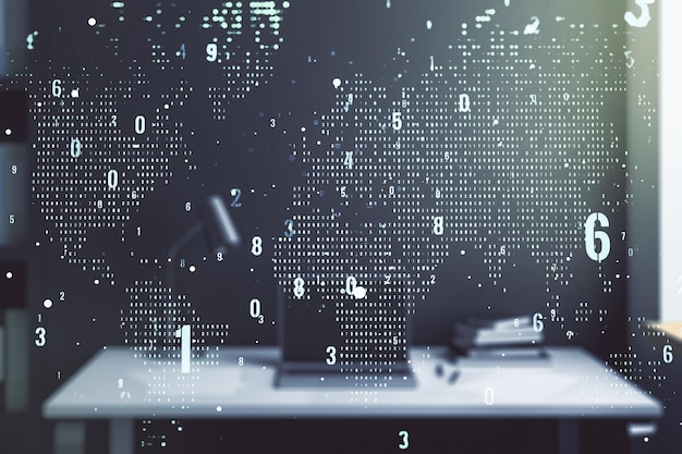 Photo multi exposure of abstract creative coding sketch with world map and modern desktop with computer on background artificial intelligence and neural networks concept