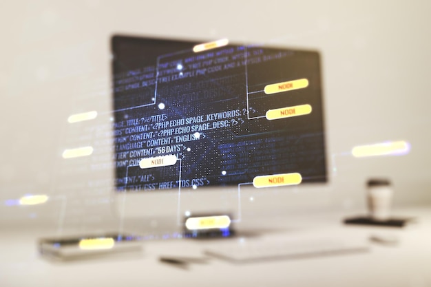 Photo multi exposure of abstract graphic coding sketch on modern computer background big data and networking concept