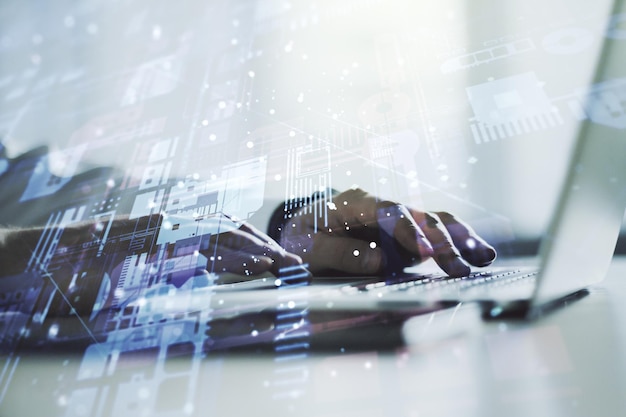 multi exposure of abstract graphic coding sketch with hands typing on computer keyboard on background big data and networking concept