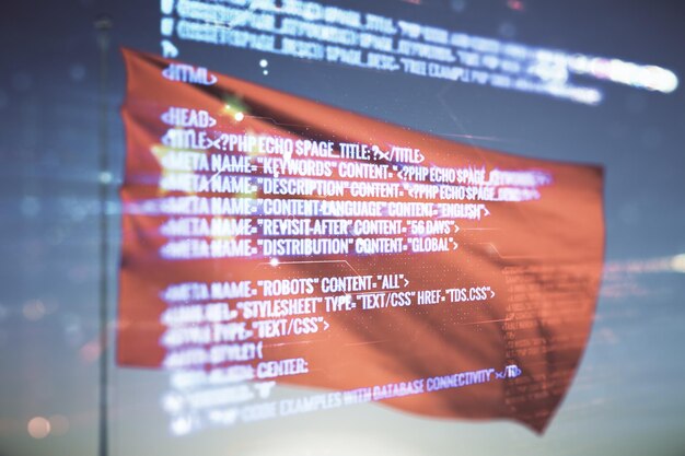 Photo multi exposure of abstract programming language hologram on flag of china and blue sky background artificial intelligence and machine learning concept