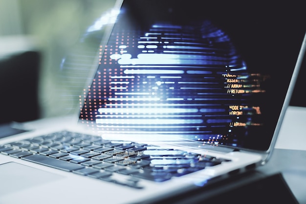 Photo multi exposure of abstract programming language hologram with world map on computer background artificial intelligence and neural networks concept