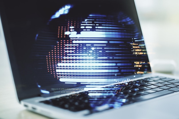 Photo multi exposure of abstract programming language hologram with world map on computer background artificial intelligence and neural networks concept