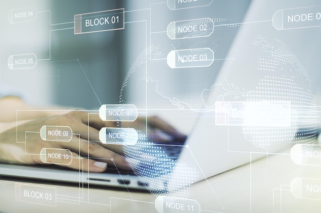 multi exposure of abstract programming language hologram with world map and hands typing on computer keyboard on background artificial intelligence and neural networks concept