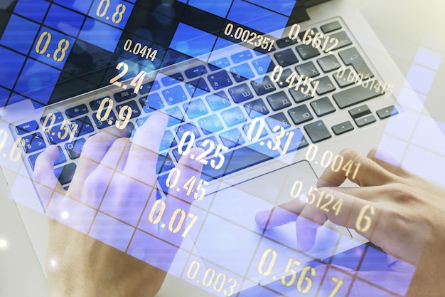 Photo multi exposure of abstract statistics data hologram interface with hands typing on computer keyboard on background computing and analytics concept
