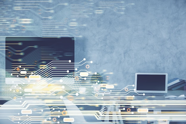 Photo multi exposure of data theme drawing and office interior background concept of technology