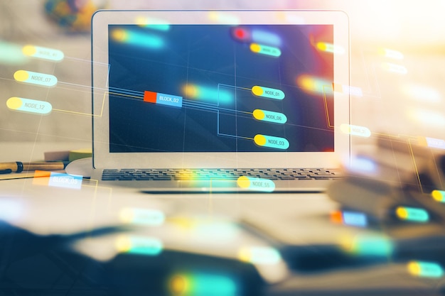 Photo multi exposure of desktop computer and technology theme hologram concept of software development