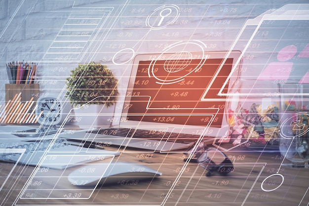 Photo multi exposure of desktop with personal computer and tech theme drawing concept of bigdata