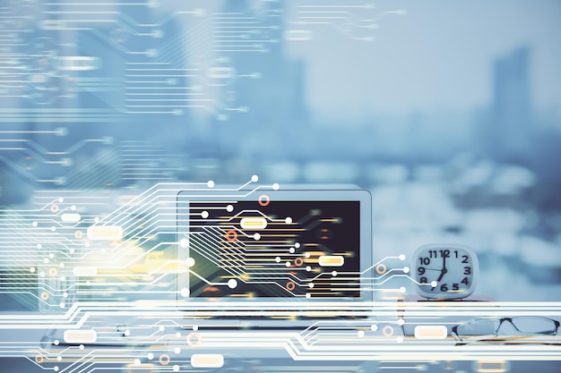 Photo multi exposure of table with computer on background and data theme drawing concept of innovation