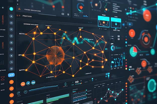 Photo multiple computer monitors displaying realtime data analytics charts and graphs data analysis