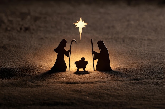 Photo a nativity scene setup using silhouettes of mary joseph and baby jesus with a glowing star above