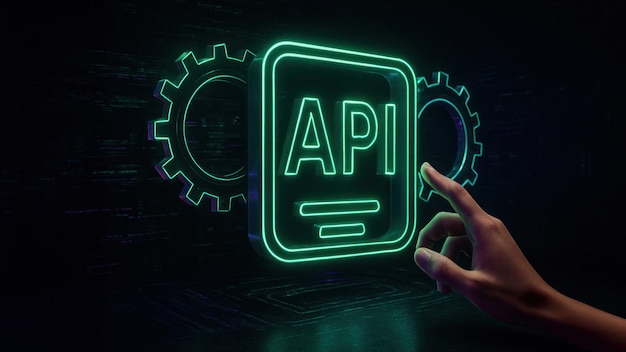 Photo a neon api floats surrounded by gears and digital data symbolizes application programming interface with futuristic api programming interaction