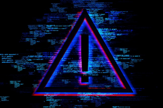 Photo neon triangle with exclamation point and coding script with a digital glitch aesthetic cybersecurity concept 3d rendering